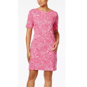 Karen Scott Sport Shift Dress Pink Paisley Cuffed Sleeve Boat Neck Size L